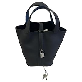 Hermès Picotin Lock 18 in pelle Caban Nero Bleu Tie Palladio