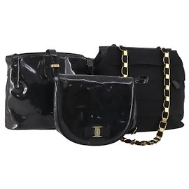 Borsa a Spalla Salvatore Ferragamo in Tela Pelle Verniciata 3 Set Nero Auth 164640
