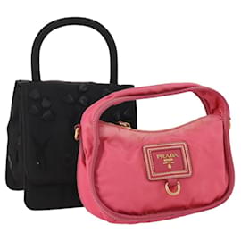 Prada Bolsa Poche de Nylon 2 Conjunto Rosa Preto Auth 174958