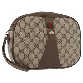 GUCCI GG Supreme Web Sherry Line Clutch Bag PVC Bege Ouro 89 01 034 Auth ka3858