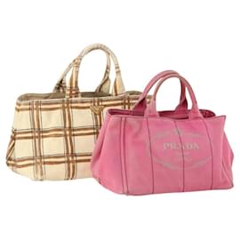 PRADA Borsa Canapa in Tela 2 Set Rosa Beige Auth 174968