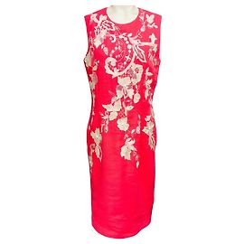 Autre Marque Ärmelloses Midikleid aus Leinen in Koralle / Elfenbein mit Stickerei von Naeem Khan