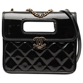 Chanel Schwarze Mini Gequiltete Lackgrafik Catch Flap