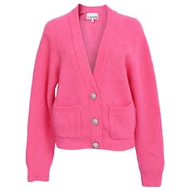 Ganni Strickjacke aus rosa Wolle mit Kristallknöpfen