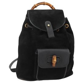 Zaino in Bambù GUCCI Camoscio Nero Oro 003 1998 0030 Auth YKZ1078