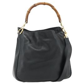 Sac à bandoulière en cuir Gucci Bamboo 2 en 1 Noir Or Auth 175954