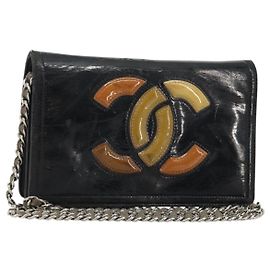 CHANEL COCO Borsa a Spalla Mark Chain Pelle Verniciata Nera Argento CC Auth 175799