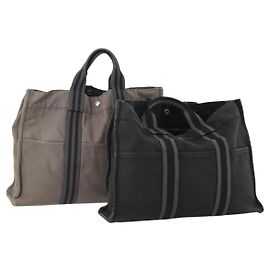 Hermès HERMES Borsa Fourre Tout MM in Tela 2 Set Grigio Nero Auth 175013