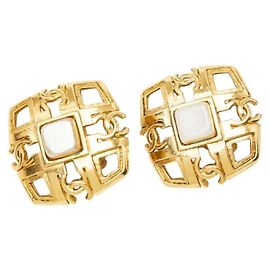 Chanel Square Coco Mark Earrings Black White Gold-plated ref 
