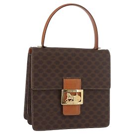 Céline Borsa in tela Macadam Celine con motivo carrozza in PVC pelle marrone oro Auth YKZ1302