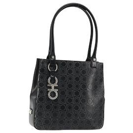 Bolsa Tote Gancini de couro preto e prata da Salvatore Ferragamo Auth 176582
