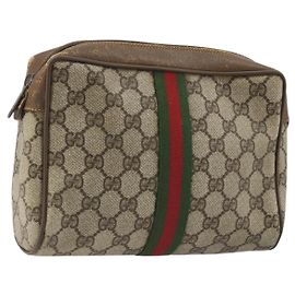 GUCCI GG Supreme Web Sherry Line Pochette en PVC Beige Rouge 89 01 012 Auth am11316