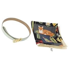 Cintura Salvatore Ferragamo Sciarpa Set in Seta Pelle 2 Azzurro Chiaro Beige Auth BA12169