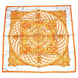 Bufanda Hermès Monedas Y Símbolos De Los Parisii 90 cm Seda Naranja RAK
