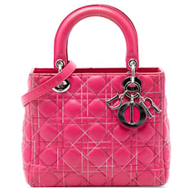 Dior Rosa Medio Pelle di Agnello Cannage Cucitura a Contrasto Lady Dior
