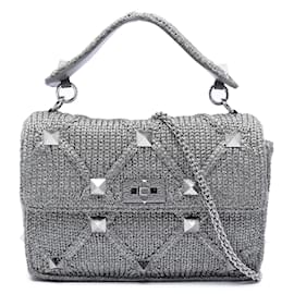 Borsa a tracolla grande in maglia metallica argento con borchie romane Valentino
