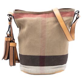 Borsa a secchiello Ashby in tela a quadri mega check marrone di Burberry con frange