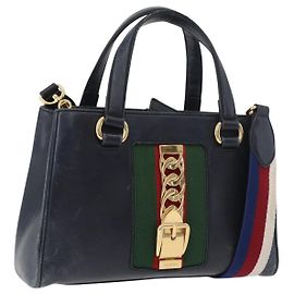 GUCCI Silvi Bolsa de Mão de Couro 2em1 Marinho Dourado 460381 Auth YKZ1323A