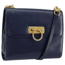 Borsa a Spalla Gancini in Pelle Salvatore Ferragamo Blu Navy Oro Auth YKZ1104
