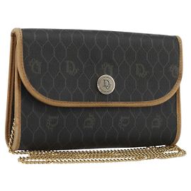 Borsa a spalla in tela a nido d'ape Christian Dior con catena in PVC nera e dorata Auth 175177