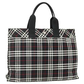 Bolsa de mão Burberrys Nova Check Blue Label em nylon preto e prata Auth 176492