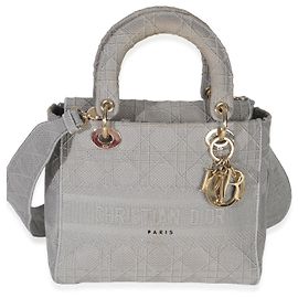 Mittelgroße Lady D-Lite Tasche aus grauem Canvas mit Cannage-Stickerei von Christian Dior