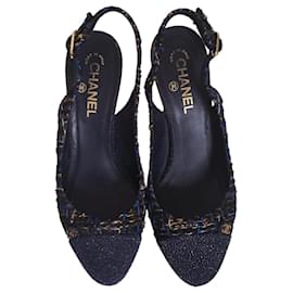 Décolleté Slingback Chanel in Glitter e Tweed Blu Navy 40