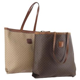 Céline Bolsa tote em lona Macadam CELINE em couro PVC 2 peças marrom bege Auth 164637