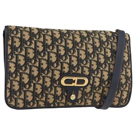 Borsa a Spalla in Tela Trotter Christian Dior Blu Navy Oro Auth 176478