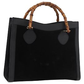 Borsa a Mano GUCCI Bamboo Camoscio Nero Oro 002 1186 0260 Auth BA12037