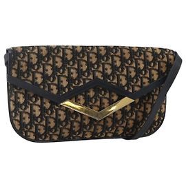 Borsa a Spalla in Tela Trotter Christian Dior Blu Navy Oro Auth 175654