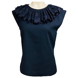 Top de algodón azul marino con cuello de volantes Chanel