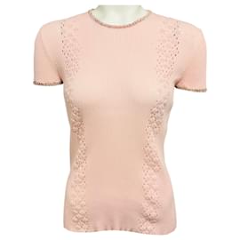 Chanel Kurzarm-Cotton-Knit-Top in Hellrosa aus der Cruise Collection 2017 Paris-Kuba mit Pointelle-Detail