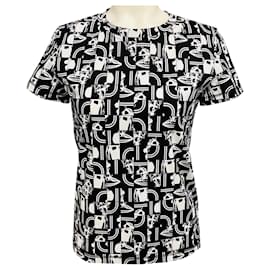 Top de algodón estampado en negro / blanco de manga corta Hermès