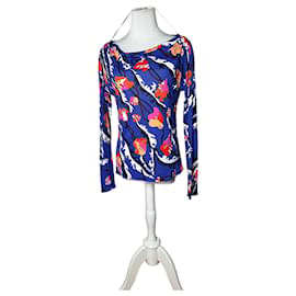 Vintage Emilio Pucci Archivio Floral Seiden-Viskose-Jersey Langarm-Top Blau Mehrfarbig