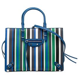 Balenciaga Mini-Ledertasche in Blau mit gestreiftem Papier A6 und Reißverschluss