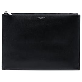 Clutch con zip in pelle grana nera Saint Laurent