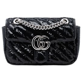 Gucci schwarze kleine GG Marmont Matelassé diagonale Pailletten- und Leder-Taschen