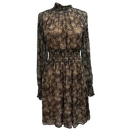 Michael Kors Bedrucktes Mini-Kleid mit Stehkragen aus braunem Seidenstoff