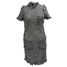 Abito mini a maniche corte in tweed nero e bianco in cotone di Lanvin