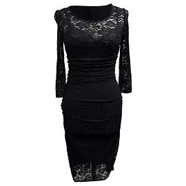 Schwarzes, tailliertes Midi-Kleid aus Viskose mit Spitzen-Details von Dolce & Gabbana