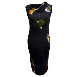 Abito midi con stampa colibrì Alexander McQueen in viscosa nera