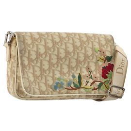 Bolso de Hombro de Lona Trotter Christian Dior PVC Beige Plata Auth YKZ1249A