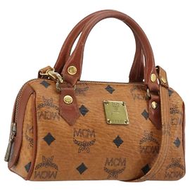 MCM Logogram Vicetos Mini Boston Bag PVC 2way Brown Gold Auth 175597