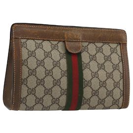 GUCCI GG Supreme Borsa Clutch Sherry Line PVC Beige Rosso Verde Auth 175278