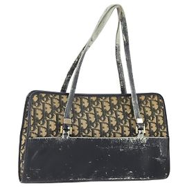 Borsa a mano in tela Trotter Christian Dior blu navy oro Auth YKZ959