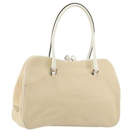 PRADA Schultertasche aus Canvas Beige Silber Authentisch 176585