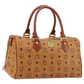 MCM Vicetos Logogram Borsa a Mano PVC Pelle Marrone Oro Auth 175196