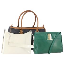Borsa Salvatore Ferragamo in pelle verniciata 3 pezzi Bianco Nero Verde Auth BA12027