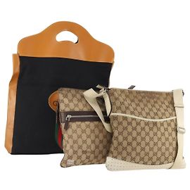 Conjunto de 3 bolsas Gucci GG Canvas Web Sherry Line Bege Preto Auth BA12030